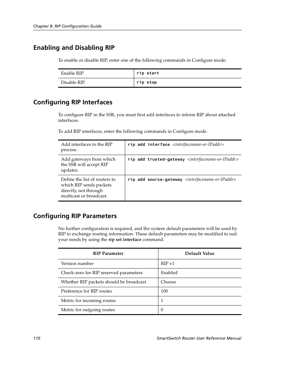 Enabling and disabling rip, Configuring rip interfaces, Configuring rip parameters | Cabletron Systems SmartSwitch User Manual | Page 110 / 338