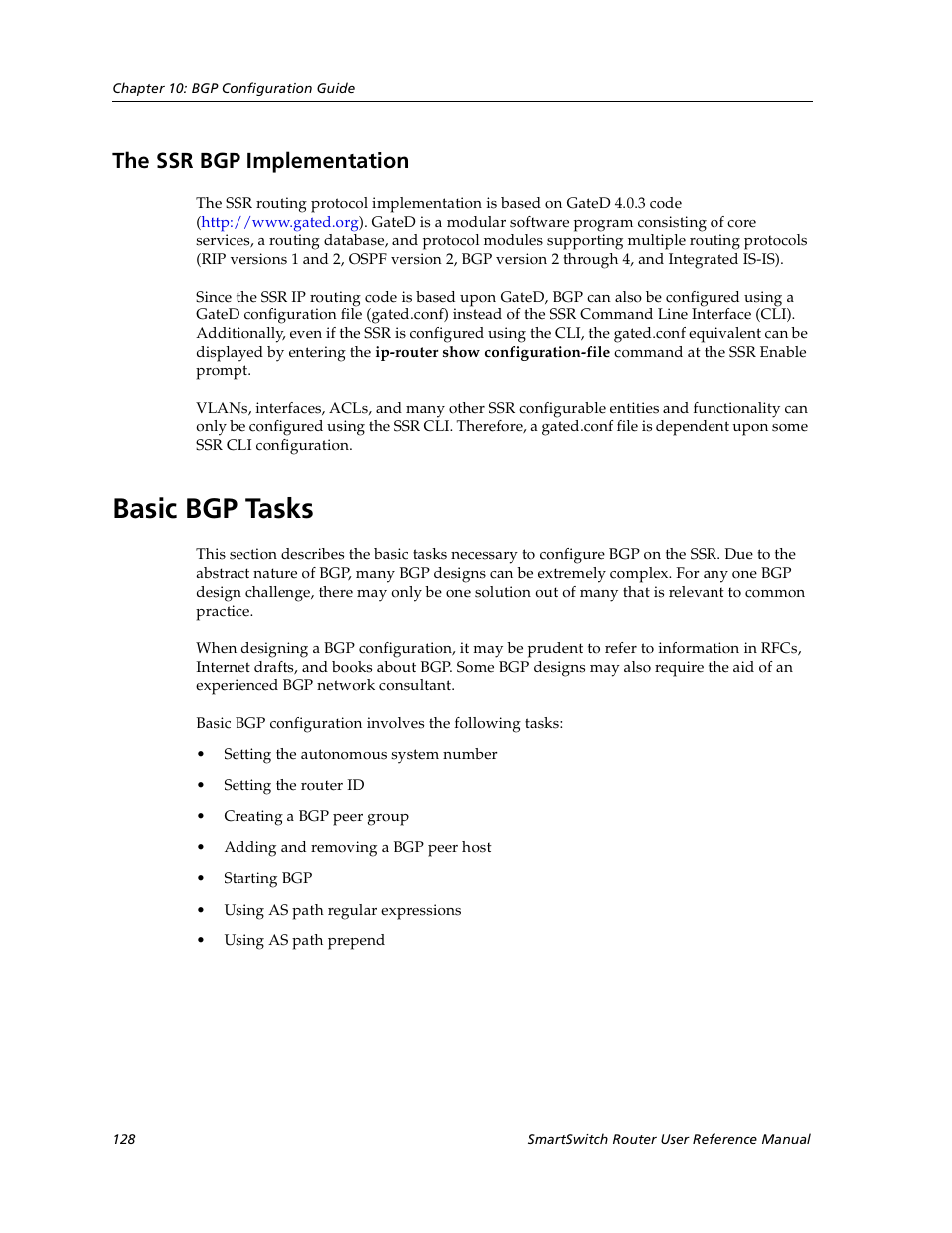 The ssr bgp implementation, Basic bgp tasks | Cabletron Systems SmartSwitch User Manual | Page 128 / 338