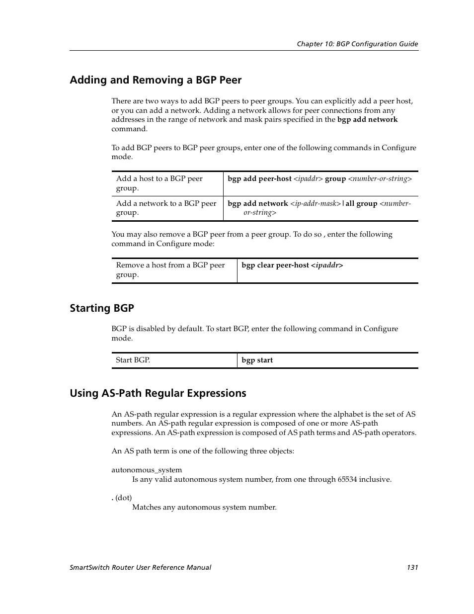 Adding and removing a bgp peer, Starting bgp, Using as-path regular expressions | Cabletron Systems SmartSwitch User Manual | Page 131 / 338