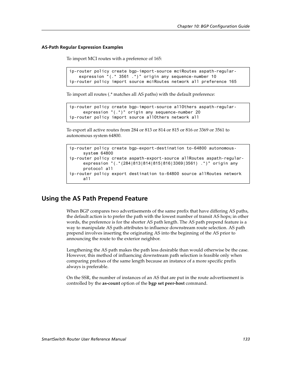 As-path regular expression examples, Using the as path prepend feature | Cabletron Systems SmartSwitch User Manual | Page 133 / 338