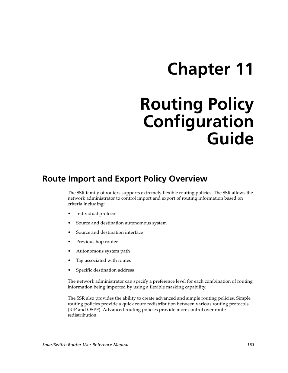 Routing policy configuration guide, Route import and export policy overview, Chapter 11: routing policy configuration guide | Chapter 11, Routing policy, Chapter 11 routing policy configuration guide | Cabletron Systems SmartSwitch User Manual | Page 163 / 338
