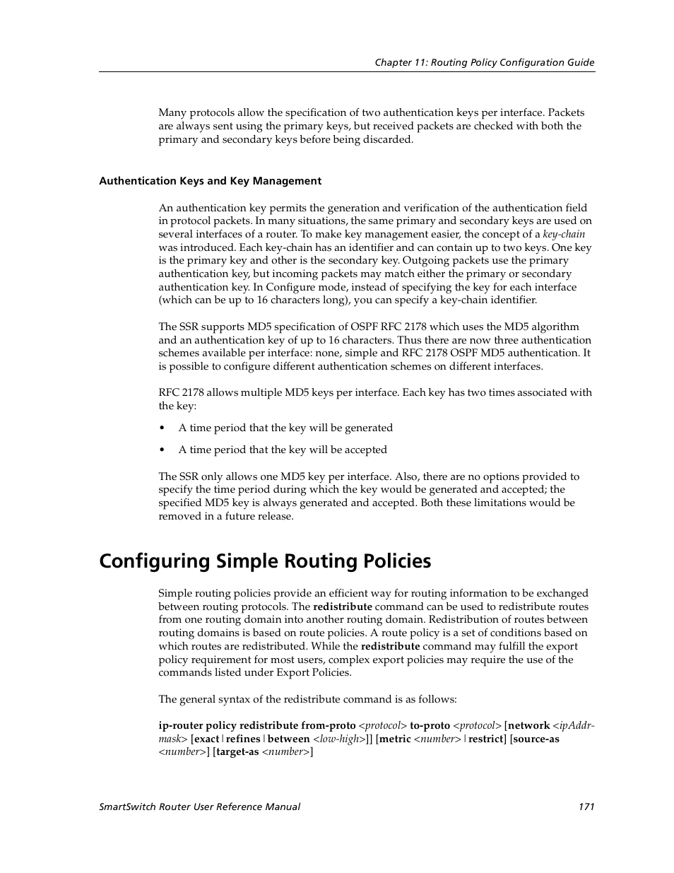 Authentication keys and key management, Configuring simple routing policies | Cabletron Systems SmartSwitch User Manual | Page 171 / 338