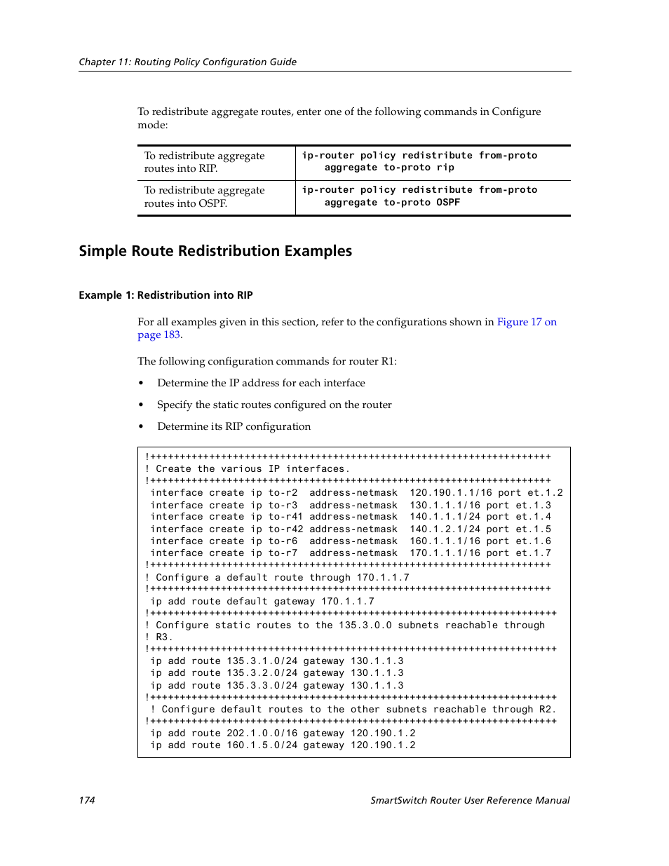Simple route redistribution examples, Example 1: redistribution into rip | Cabletron Systems SmartSwitch User Manual | Page 174 / 338