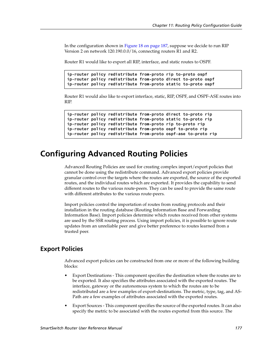 Configuring advanced routing policies, Export policies | Cabletron Systems SmartSwitch User Manual | Page 177 / 338