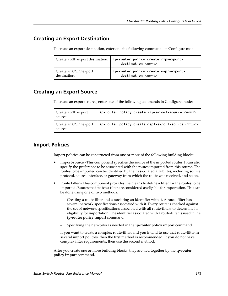 Creating an export destination, Creating an export source, Import policies | Cabletron Systems SmartSwitch User Manual | Page 179 / 338