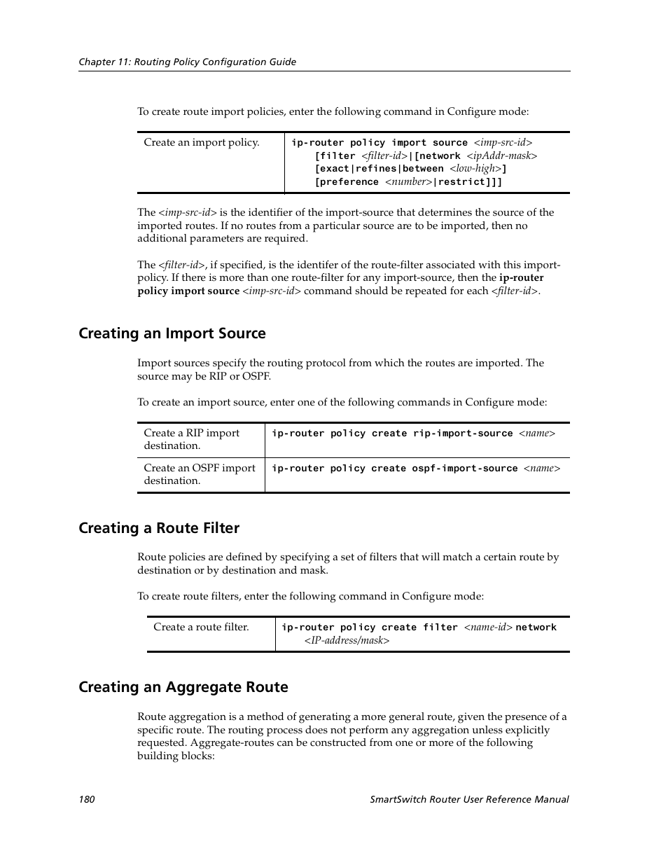 Creating an import source, Creating a route filter, Creating an aggregate route | Cabletron Systems SmartSwitch User Manual | Page 180 / 338