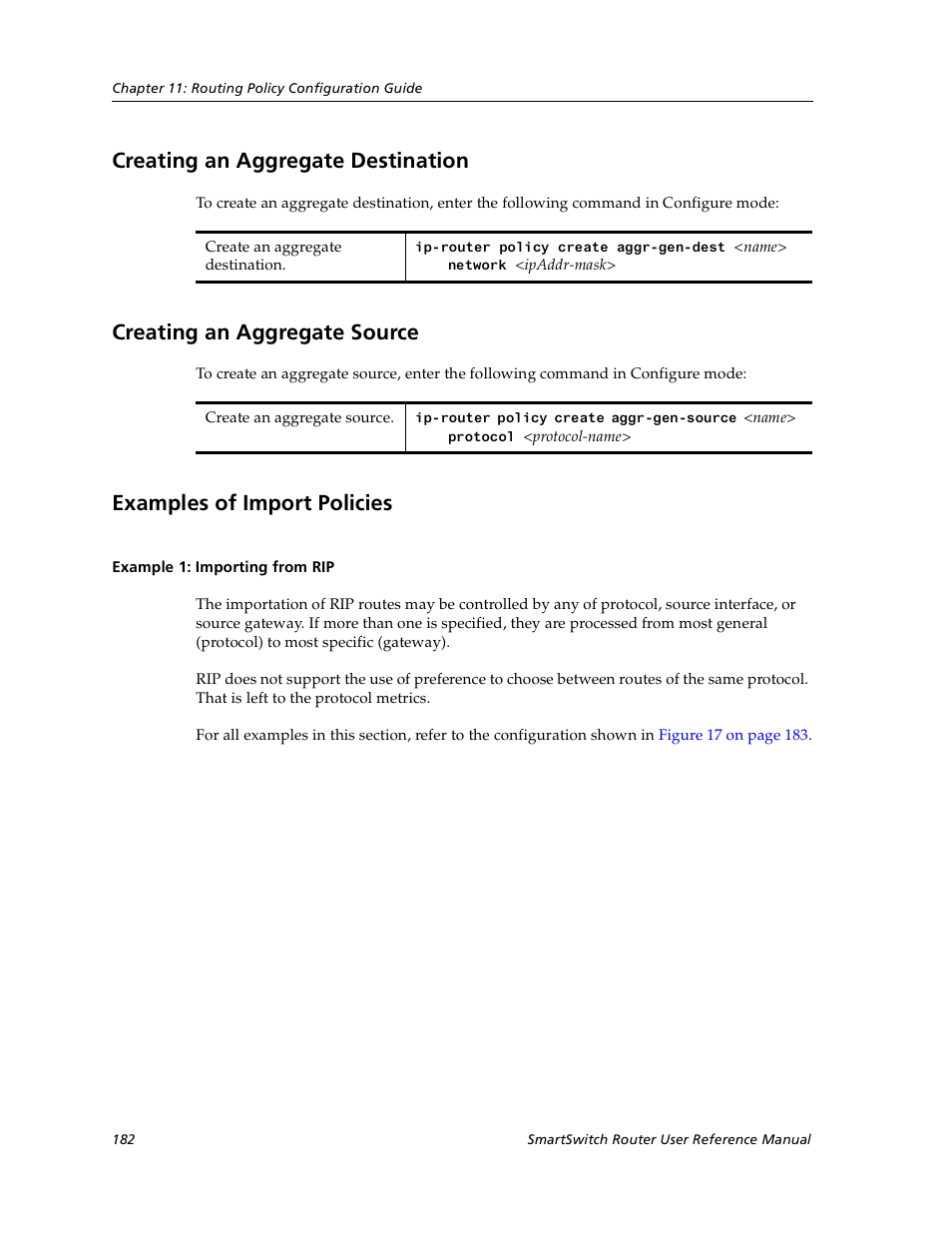 Creating an aggregate destination, Creating an aggregate source, Examples of import policies | Example 1: importing from rip | Cabletron Systems SmartSwitch User Manual | Page 182 / 338