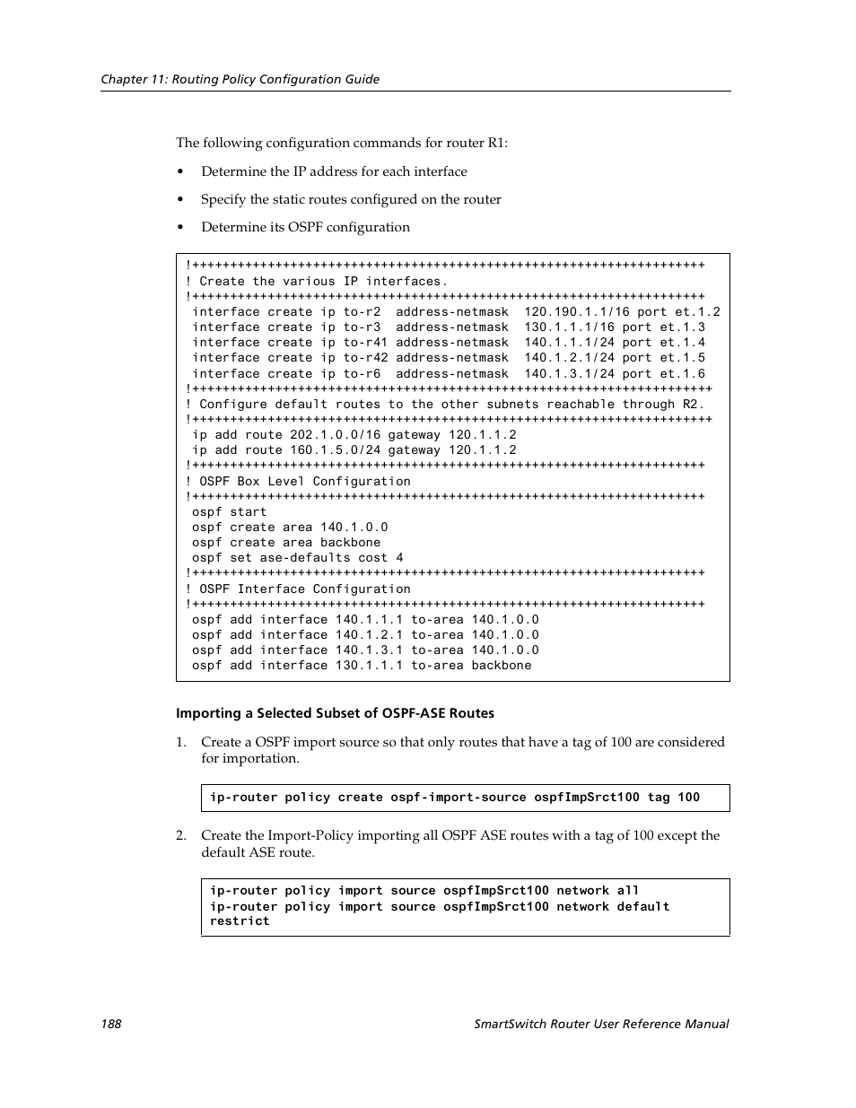 Importing a selected subset of ospf-ase routes | Cabletron Systems SmartSwitch User Manual | Page 188 / 338