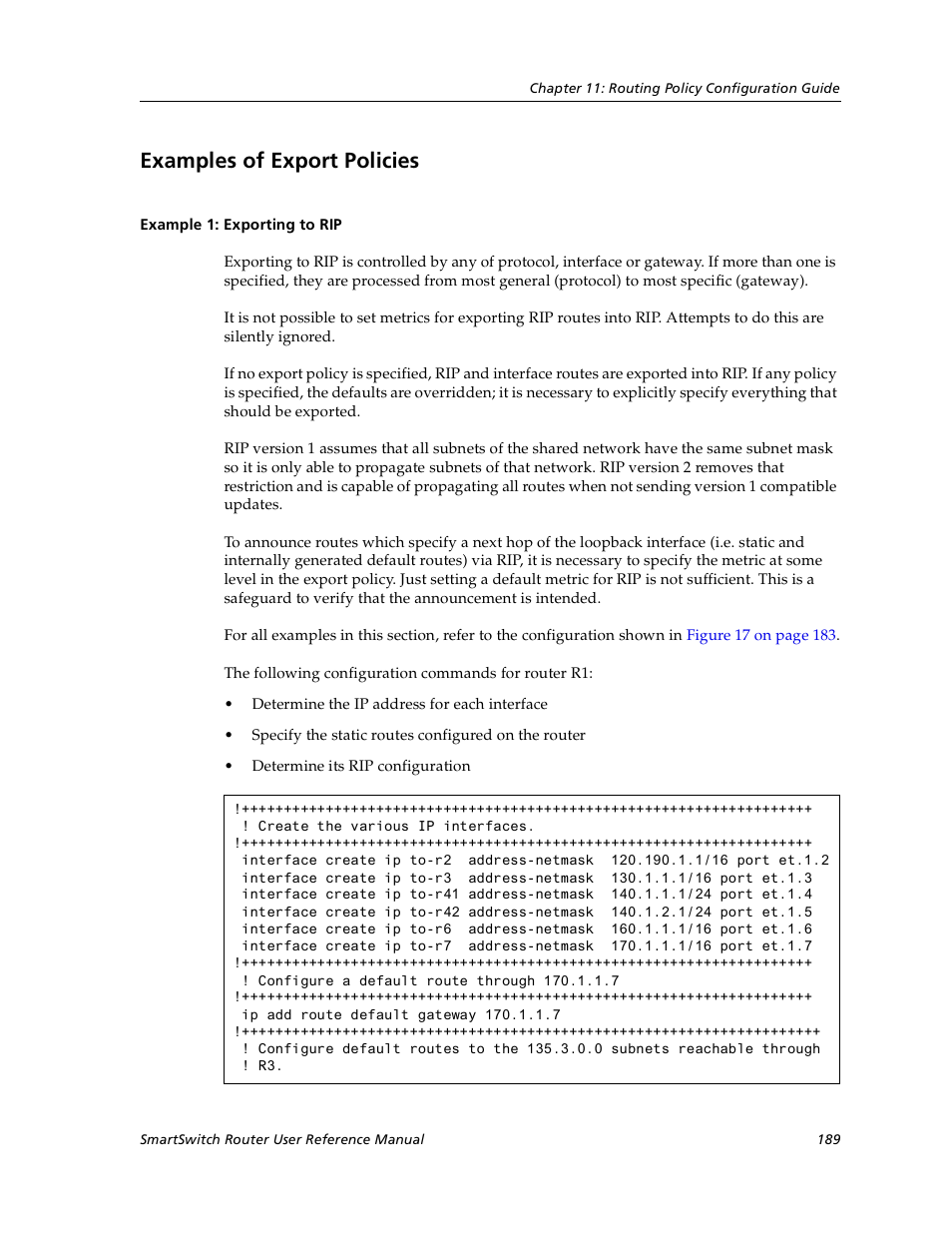 Examples of export policies, Example 1: exporting to rip | Cabletron Systems SmartSwitch User Manual | Page 189 / 338