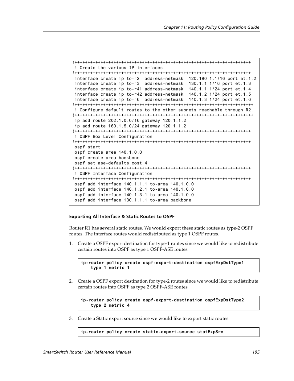 Exporting all interface & static routes to ospf | Cabletron Systems SmartSwitch User Manual | Page 195 / 338