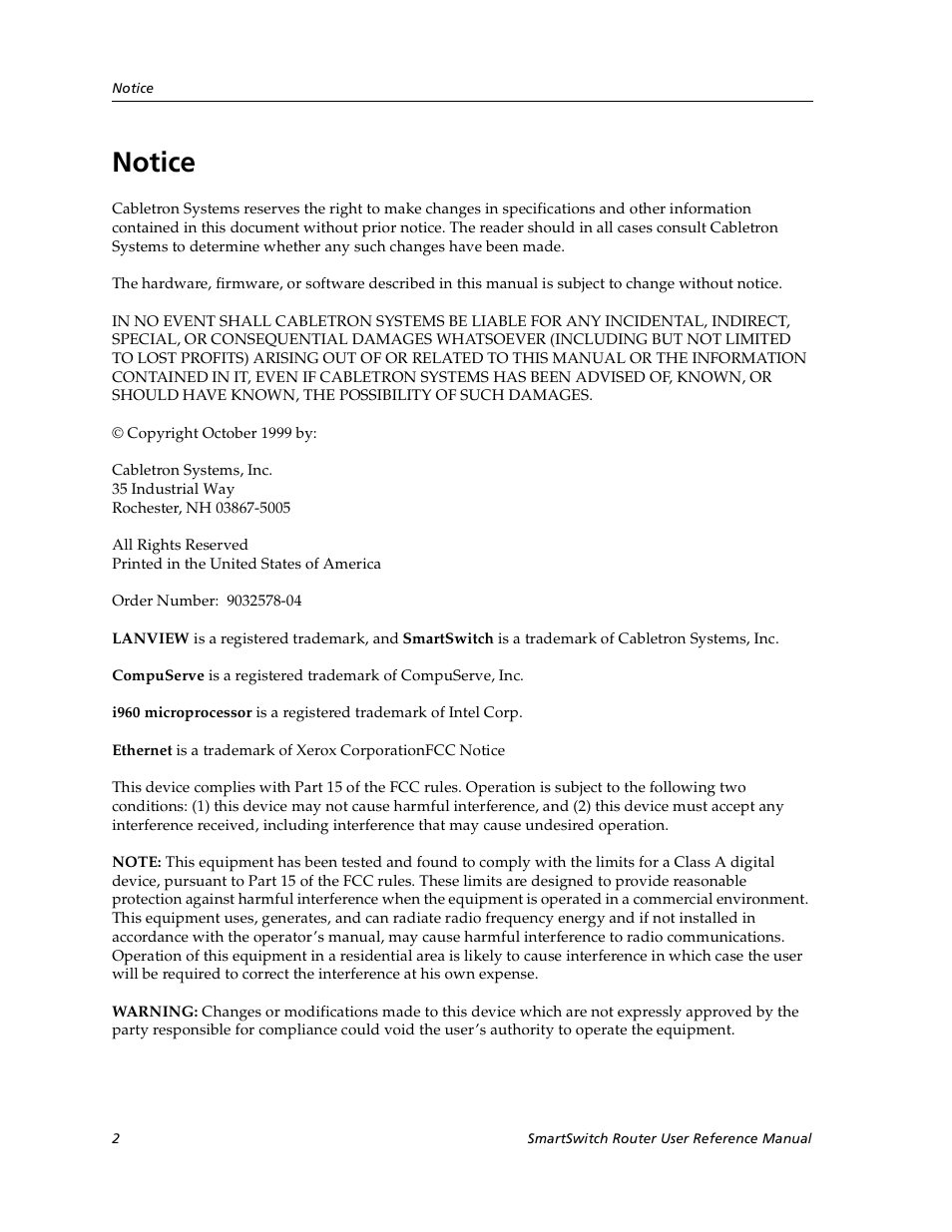 Notice | Cabletron Systems SmartSwitch User Manual | Page 2 / 338