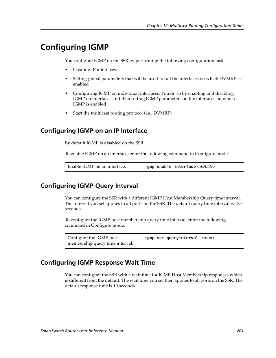Configuring igmp, Configuring igmp on an ip interface, Configuring igmp query interval | Configuring igmp response wait time | Cabletron Systems SmartSwitch User Manual | Page 201 / 338