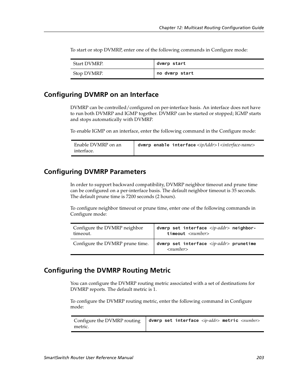 Configuring dvmrp on an interface, Configuring dvmrp parameters, Configuring the dvmrp routing metric | Cabletron Systems SmartSwitch User Manual | Page 203 / 338