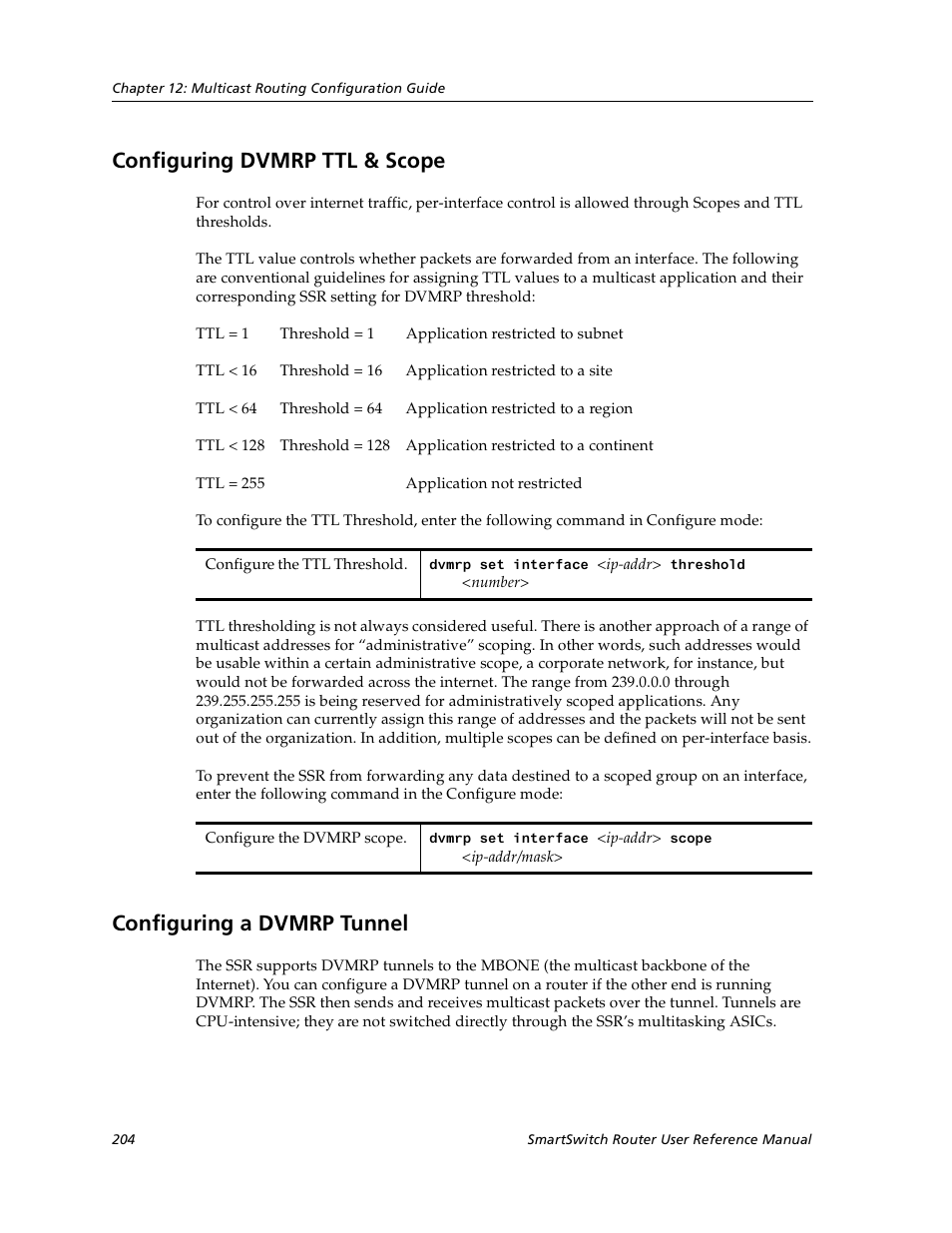 Configuring dvmrp ttl & scope, Configuring a dvmrp tunnel | Cabletron Systems SmartSwitch User Manual | Page 204 / 338