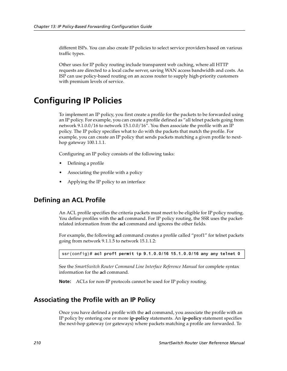 Configuring ip policies, Defining an acl profile, Associating the profile with an ip policy | Cabletron Systems SmartSwitch User Manual | Page 210 / 338