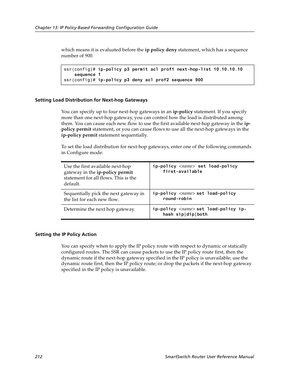 Setting load distribution for next-hop gateways, Setting the ip policy action | Cabletron Systems SmartSwitch User Manual | Page 212 / 338