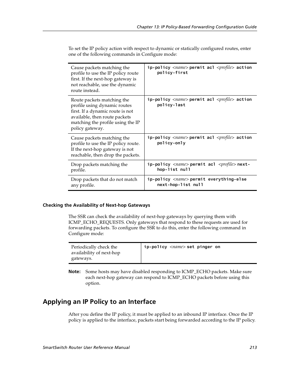 Checking the availability of next-hop gateways, Applying an ip policy to an interface | Cabletron Systems SmartSwitch User Manual | Page 213 / 338