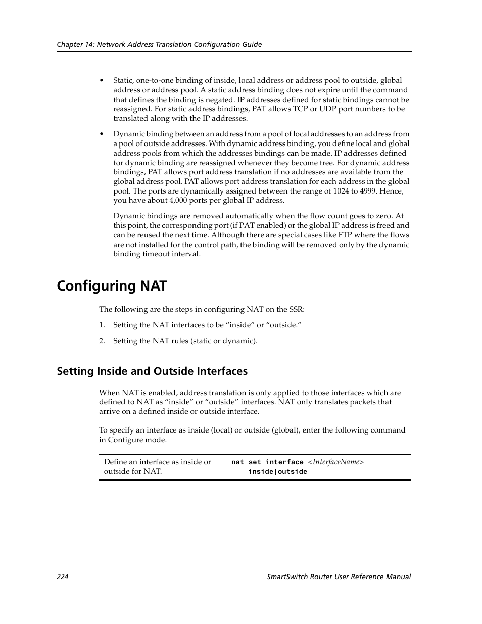 Configuring nat, Setting inside and outside interfaces | Cabletron Systems SmartSwitch User Manual | Page 224 / 338