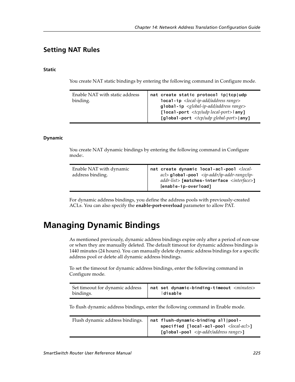 Setting nat rules, Static, Dynamic | Managing dynamic bindings, Static dynamic | Cabletron Systems SmartSwitch User Manual | Page 225 / 338