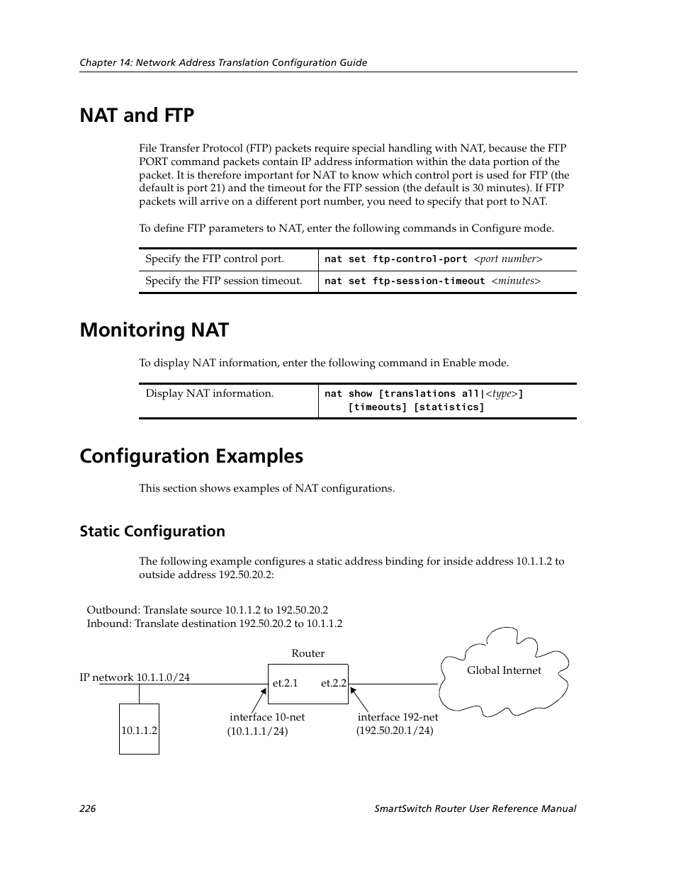 Nat and ftp, Monitoring nat, Configuration examples | Static configuration, Nat and ftp monitoring nat configuration examples | Cabletron Systems SmartSwitch User Manual | Page 226 / 338