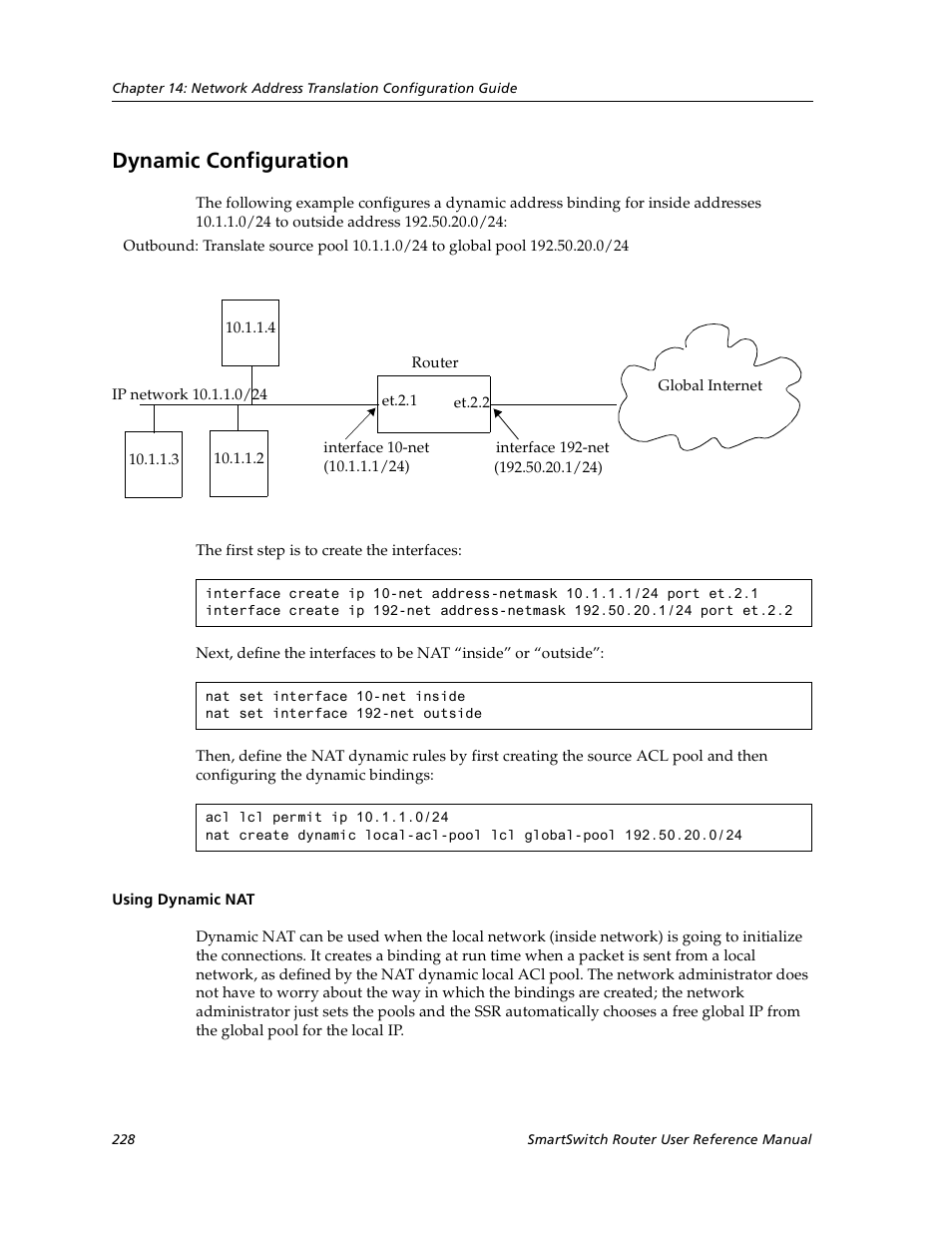 Dynamic configuration, Using dynamic nat, Configuring ipx routing | Cabletron Systems SmartSwitch User Manual | Page 228 / 338