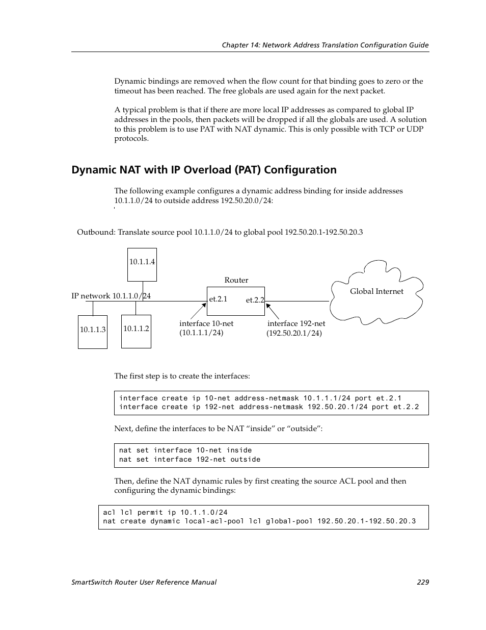 Dynamic nat with ip overload (pat) configuration | Cabletron Systems SmartSwitch User Manual | Page 229 / 338
