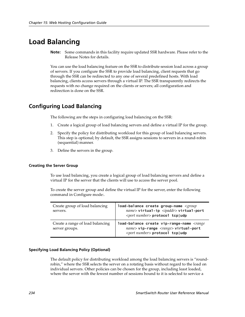 Load balancing, Configuring load balancing, Creating the server group | Specifying load balancing policy (optional) | Cabletron Systems SmartSwitch User Manual | Page 234 / 338
