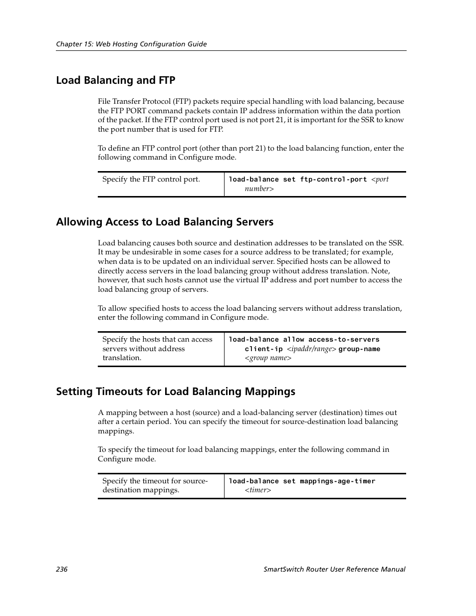 Load balancing and ftp, Allowing access to load balancing servers, Setting timeouts for load balancing mappings | Cabletron Systems SmartSwitch User Manual | Page 236 / 338