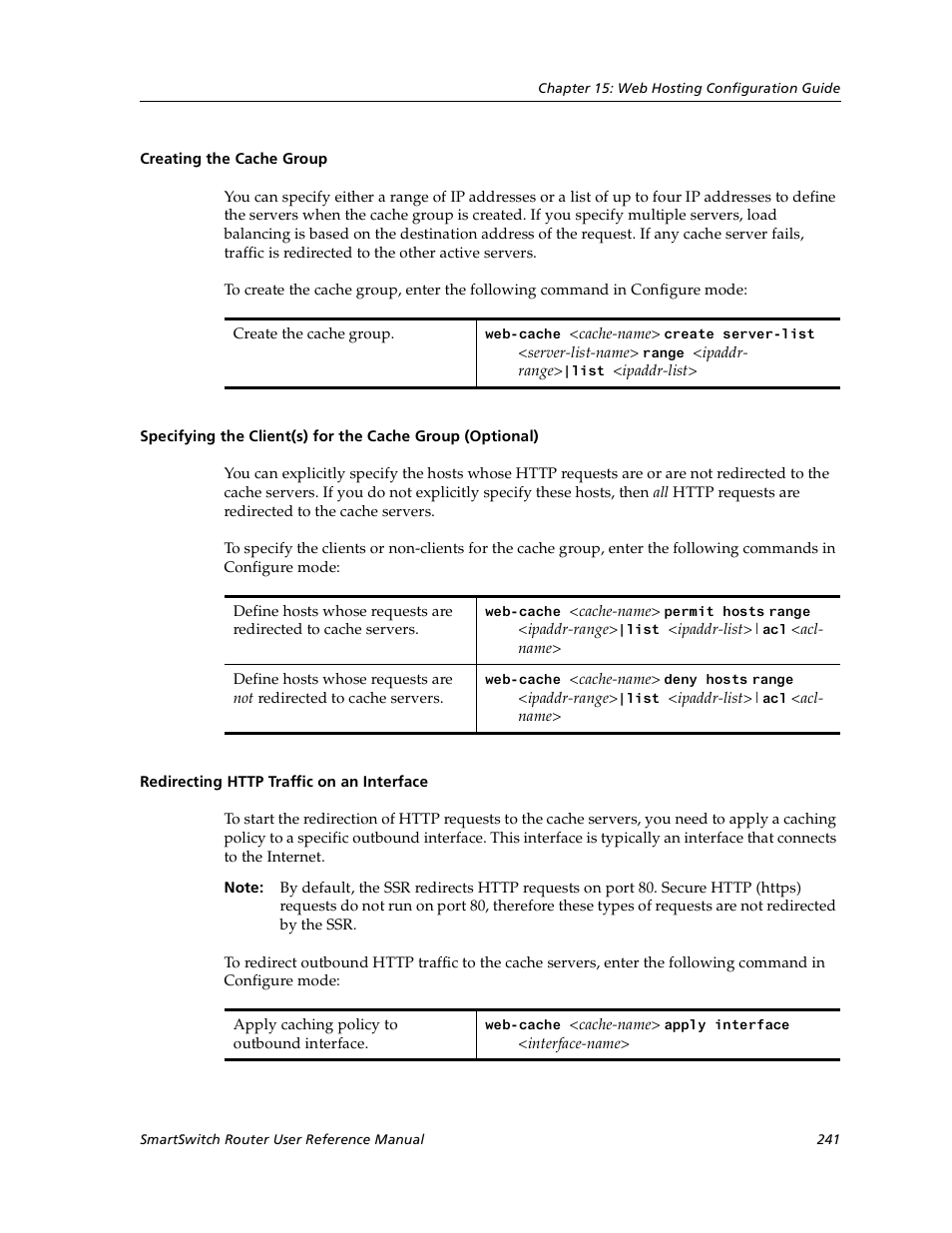 Creating the cache group, Redirecting http traffic on an interface | Cabletron Systems SmartSwitch User Manual | Page 241 / 338