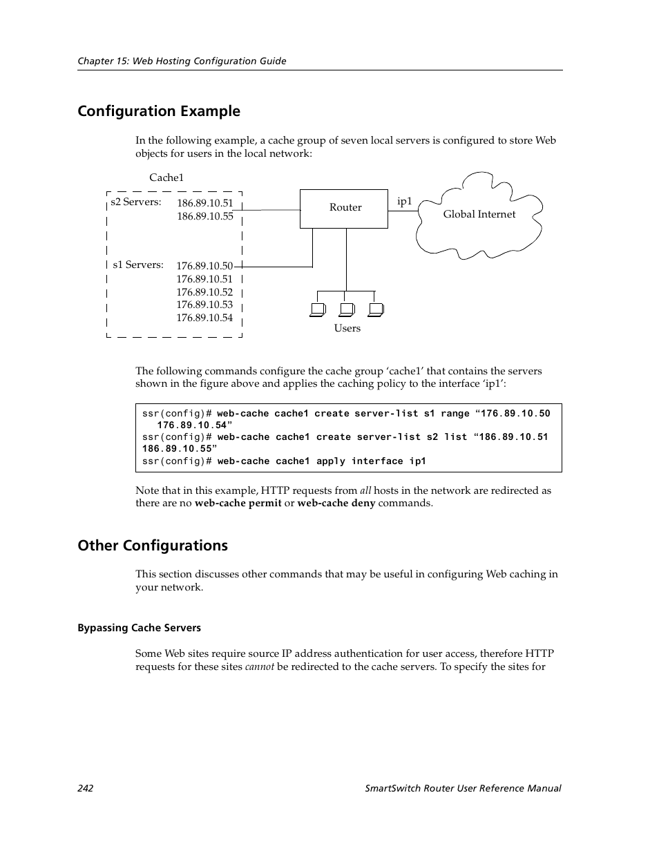 Configuration example, Other configurations, Bypassing cache servers | Configuration example other configurations | Cabletron Systems SmartSwitch User Manual | Page 242 / 338