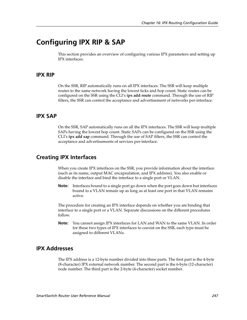 Configuring ipx rip & sap, Ipx rip, Ipx sap | Creating ipx interfaces, Ipx addresses | Cabletron Systems SmartSwitch User Manual | Page 247 / 338