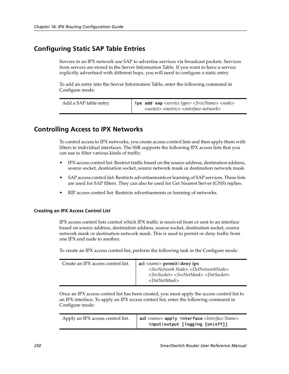 Configuring static sap table entries, Controlling access to ipx networks, Creating an ipx access control list | Cabletron Systems SmartSwitch User Manual | Page 250 / 338