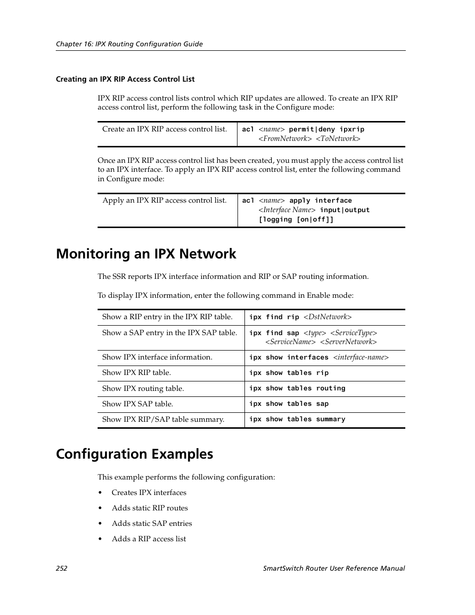 Creating an ipx rip access control list, Monitoring an ipx network, Configuration examples | Monitoring an ipx network configuration examples | Cabletron Systems SmartSwitch User Manual | Page 252 / 338