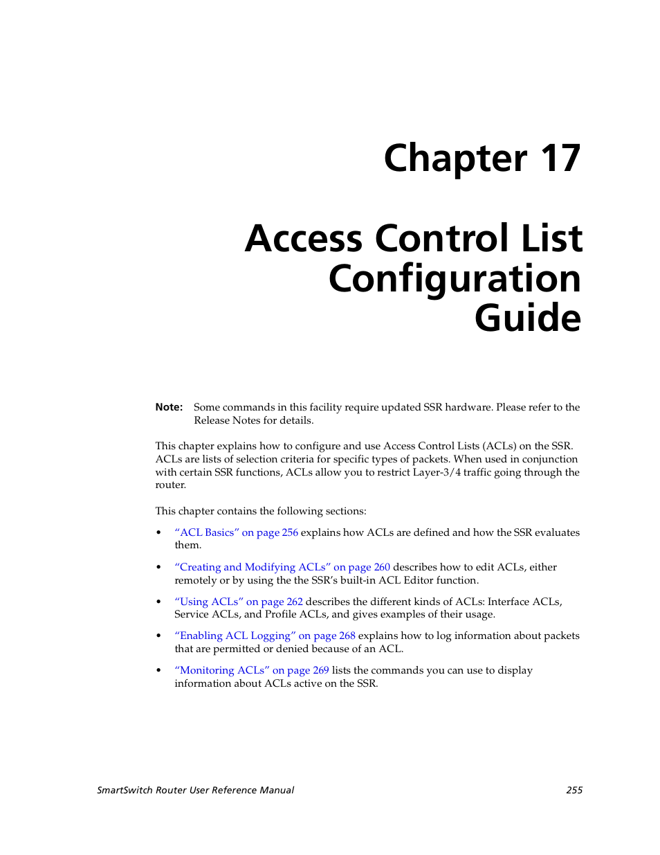 Access control list configuration guide, Chapter 17, Access control list | Chapter 17 access control list configuration guide | Cabletron Systems SmartSwitch User Manual | Page 255 / 338