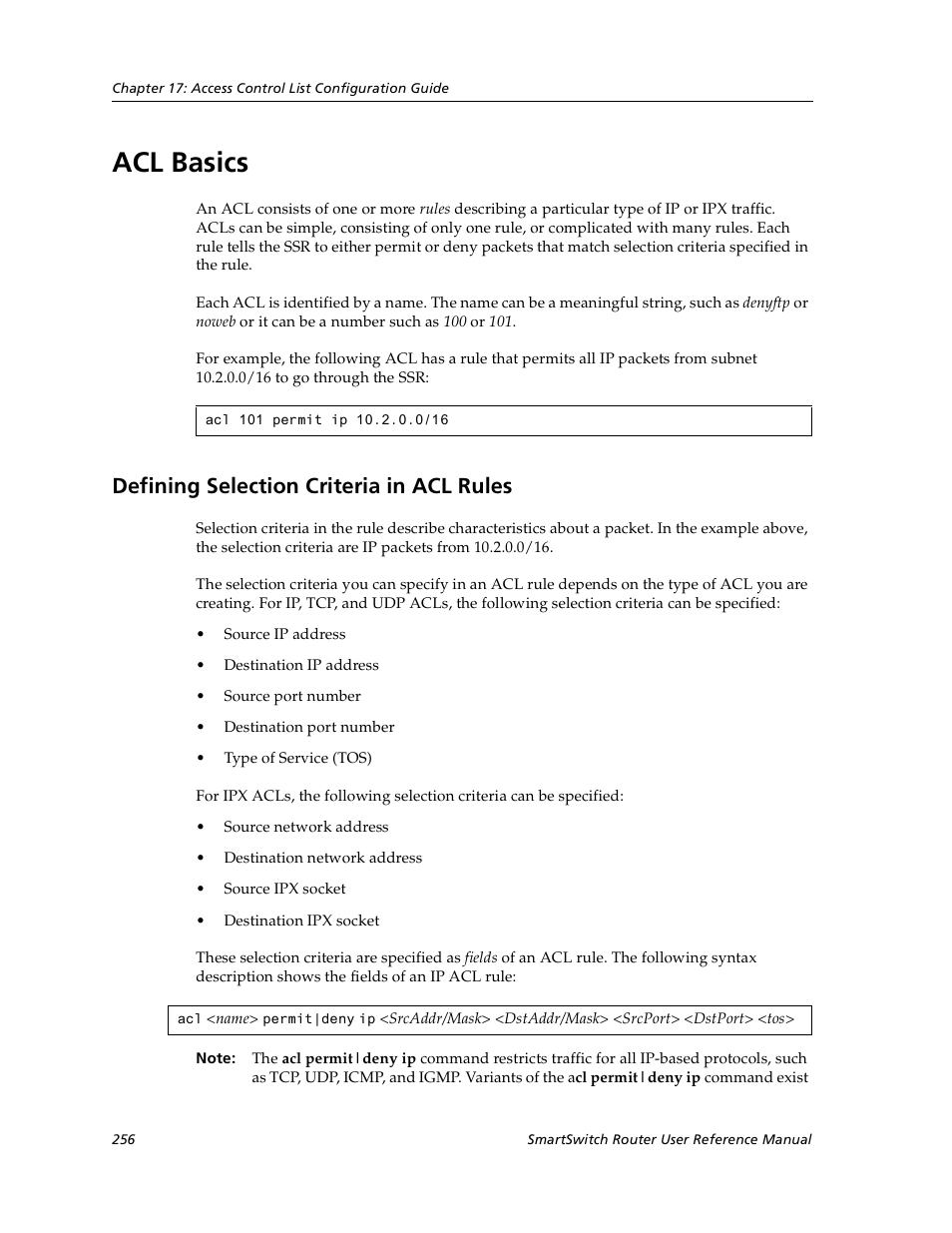 Acl basics, Defining selection criteria in acl rules | Cabletron Systems SmartSwitch User Manual | Page 256 / 338