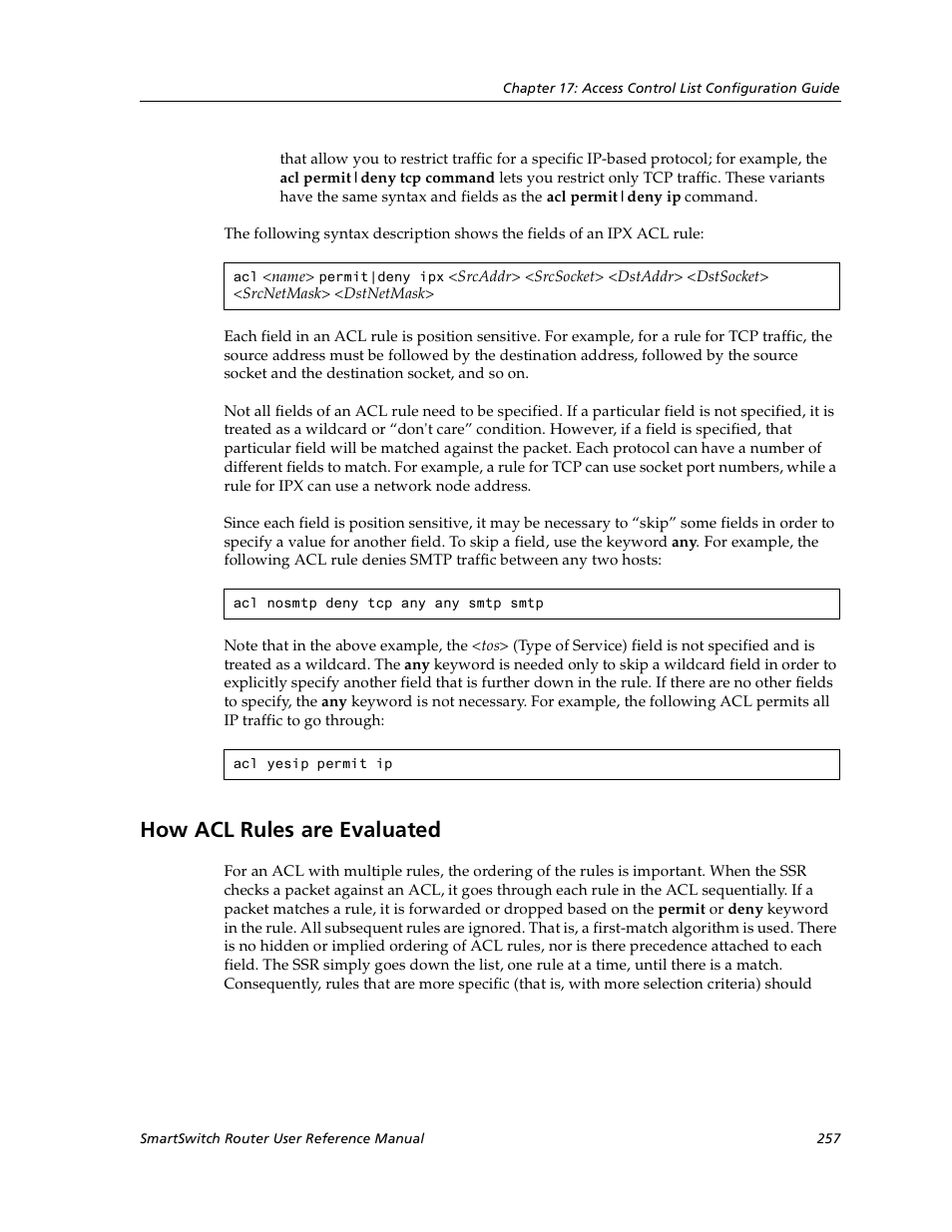 How acl rules are evaluated | Cabletron Systems SmartSwitch User Manual | Page 257 / 338