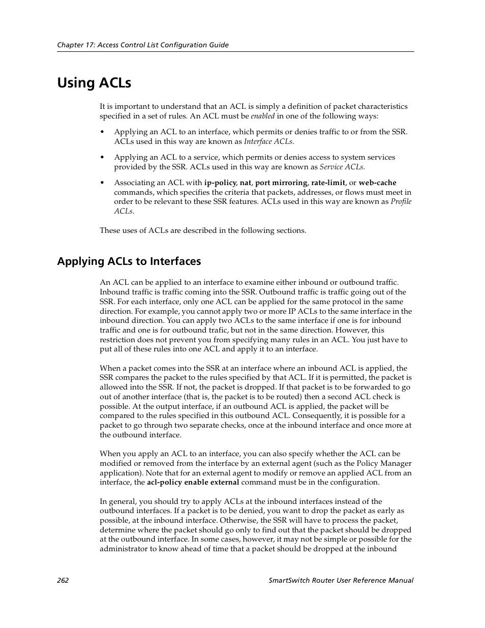 Using acls, Applying acls to interfaces | Cabletron Systems SmartSwitch User Manual | Page 262 / 338