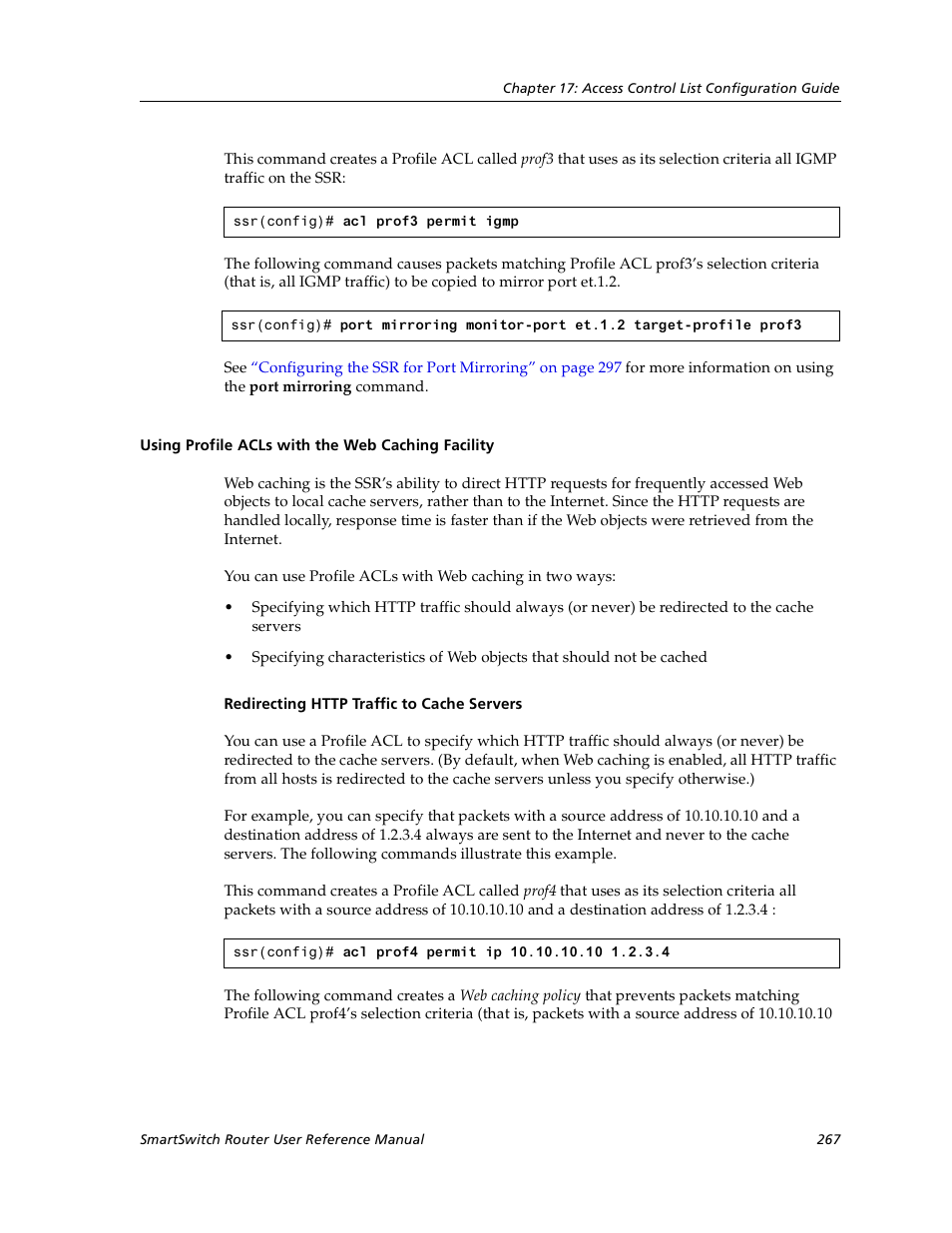 Using profile acls with the web caching facility, Redirecting http traffic to cache servers | Cabletron Systems SmartSwitch User Manual | Page 267 / 338