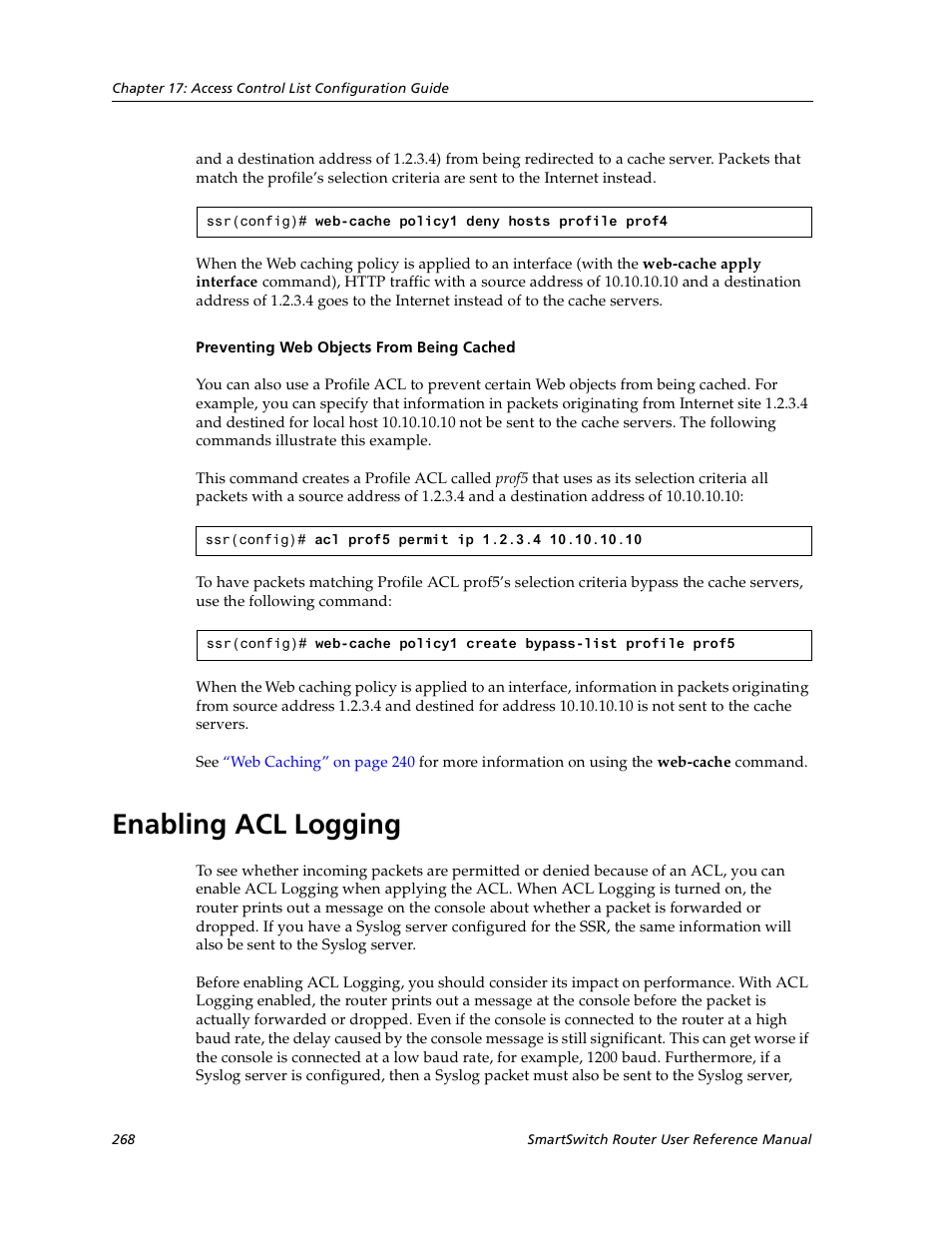 Enabling acl logging, Preventing web objects from being cached | Cabletron Systems SmartSwitch User Manual | Page 268 / 338