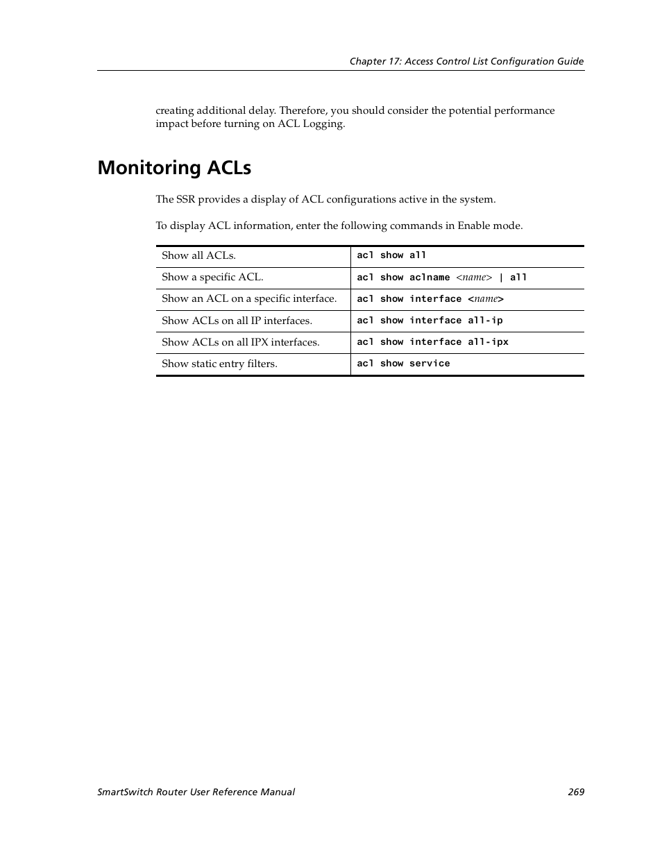 Monitoring acls | Cabletron Systems SmartSwitch User Manual | Page 269 / 338