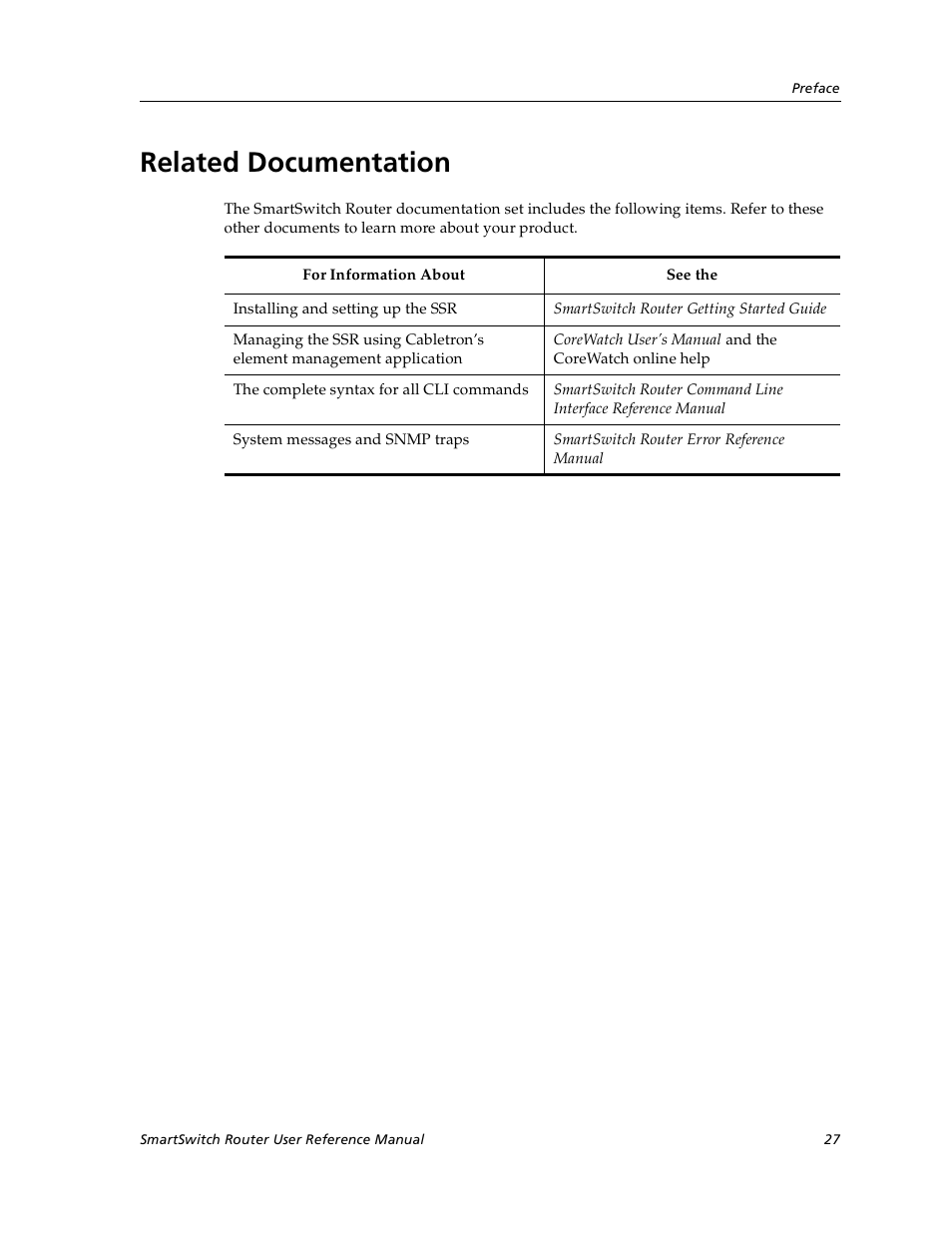 Related documentation | Cabletron Systems SmartSwitch User Manual | Page 27 / 338