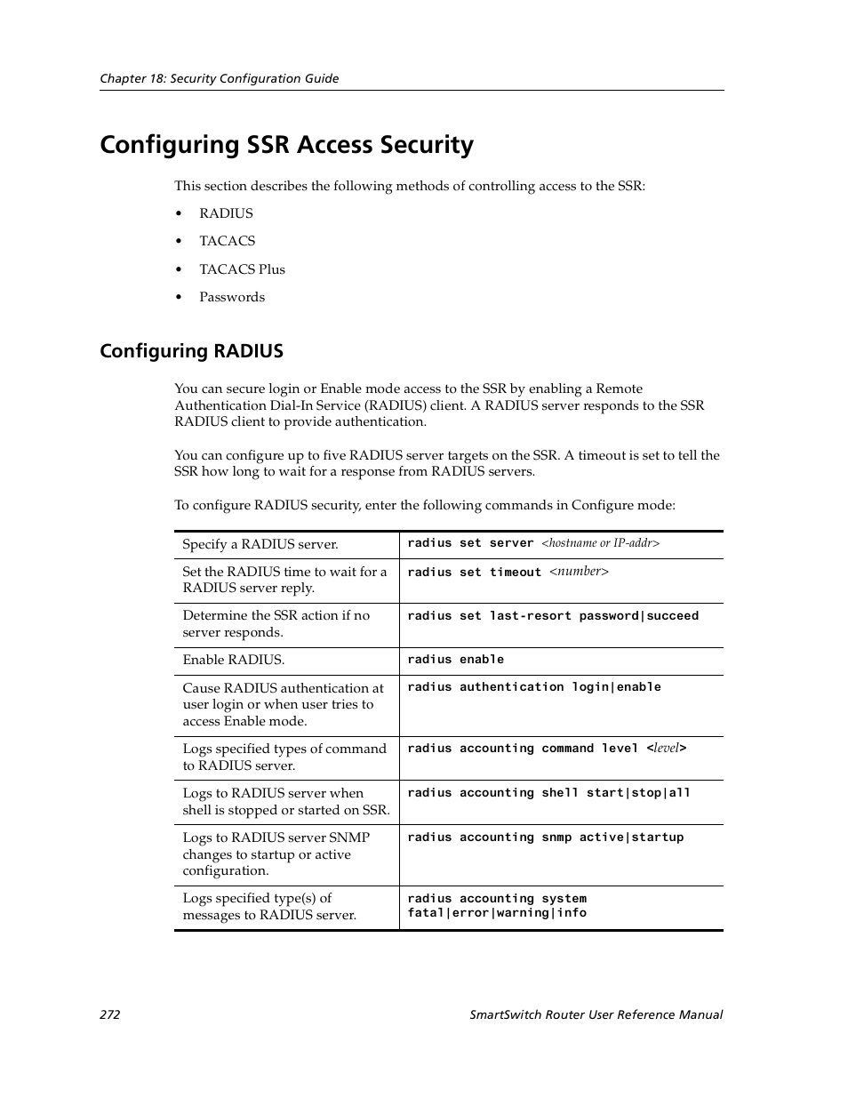Configuring ssr access security, Configuring radius | Cabletron Systems SmartSwitch User Manual | Page 272 / 338