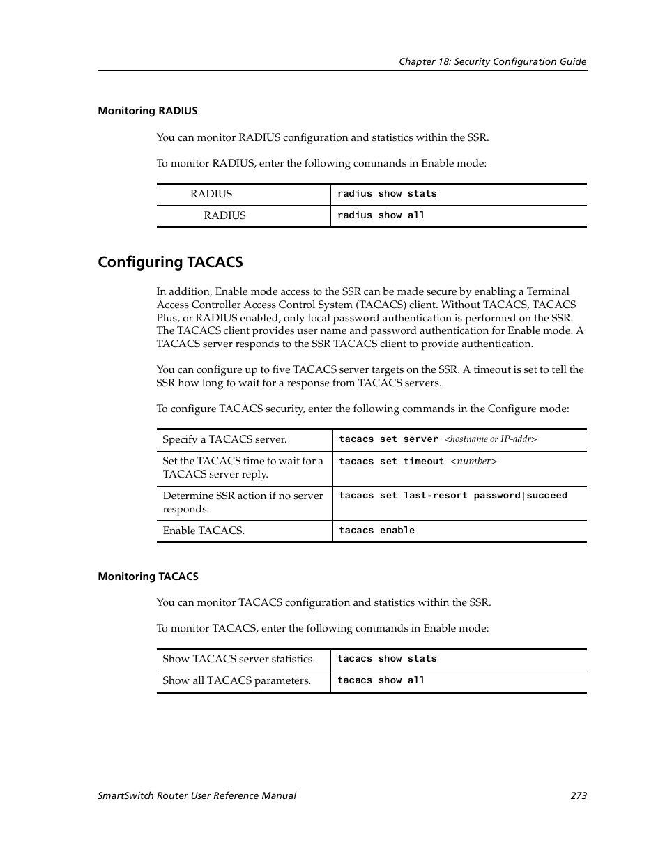 Monitoring radius, Configuring tacacs, Monitoring tacacs | Cabletron Systems SmartSwitch User Manual | Page 273 / 338