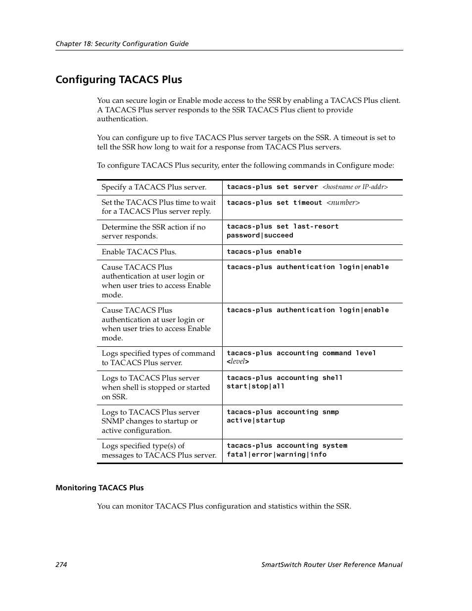 Configuring tacacs plus, Monitoring tacacs plus | Cabletron Systems SmartSwitch User Manual | Page 274 / 338