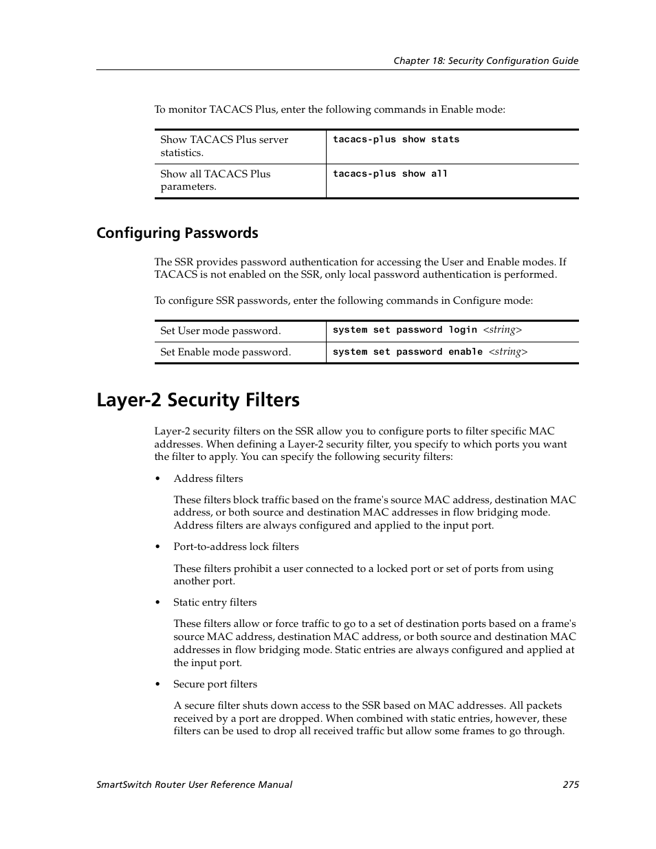 Configuring passwords, Layer-2 security filters | Cabletron Systems SmartSwitch User Manual | Page 275 / 338
