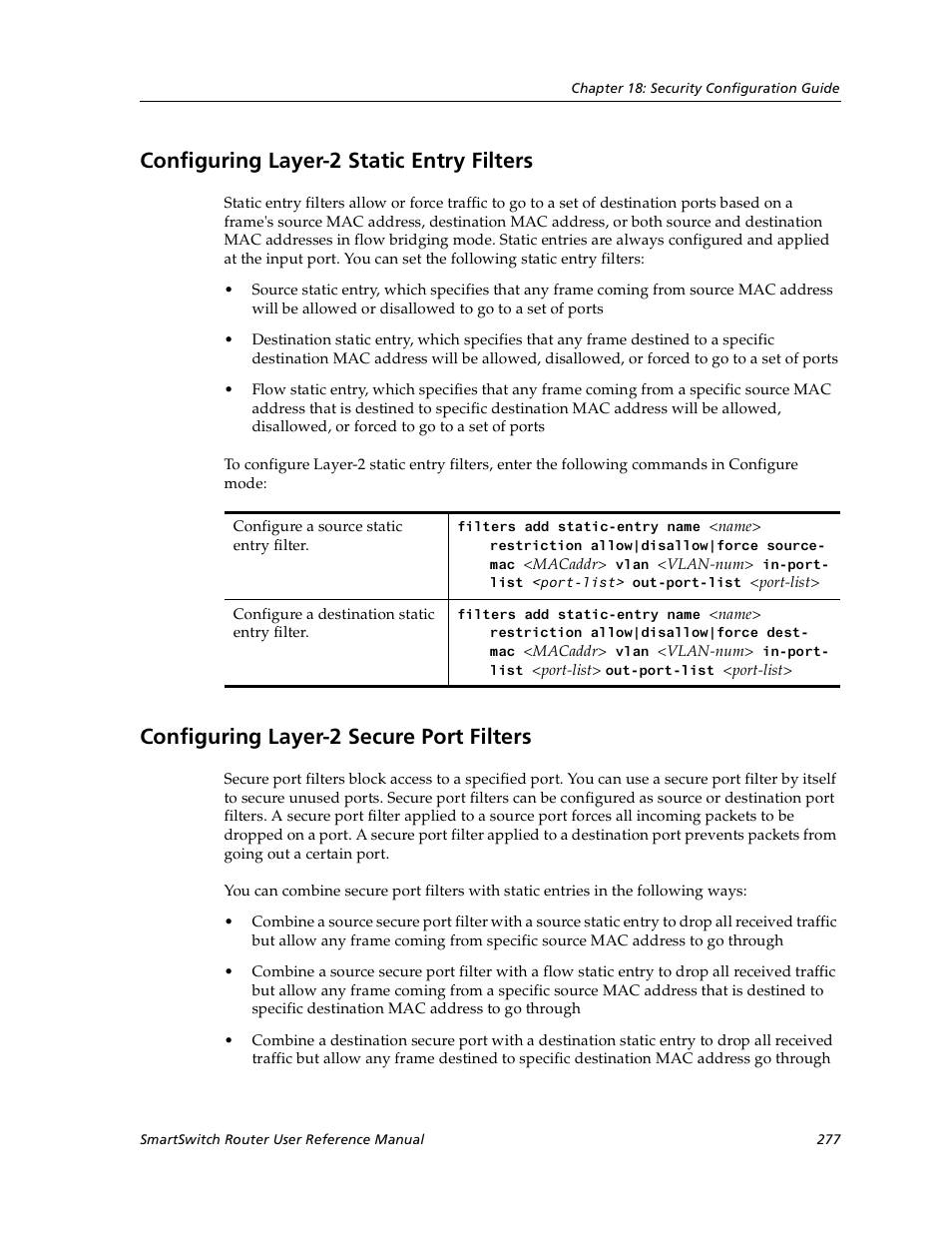 Configuring layer-2 static entry filters, Configuring layer-2 secure port filters | Cabletron Systems SmartSwitch User Manual | Page 277 / 338