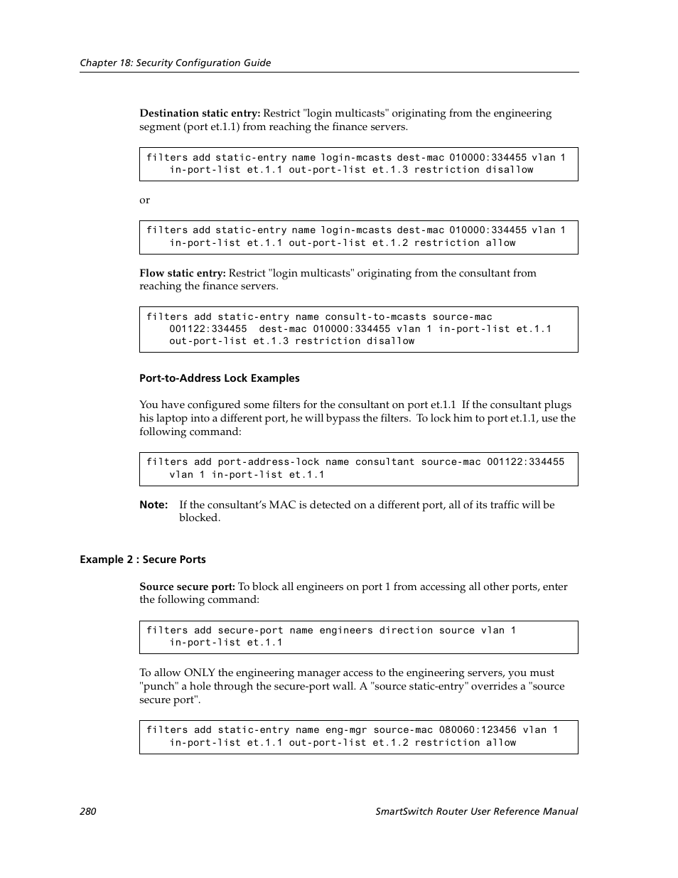 Example 2 : secure ports, Port-to-address lock examples | Cabletron Systems SmartSwitch User Manual | Page 280 / 338