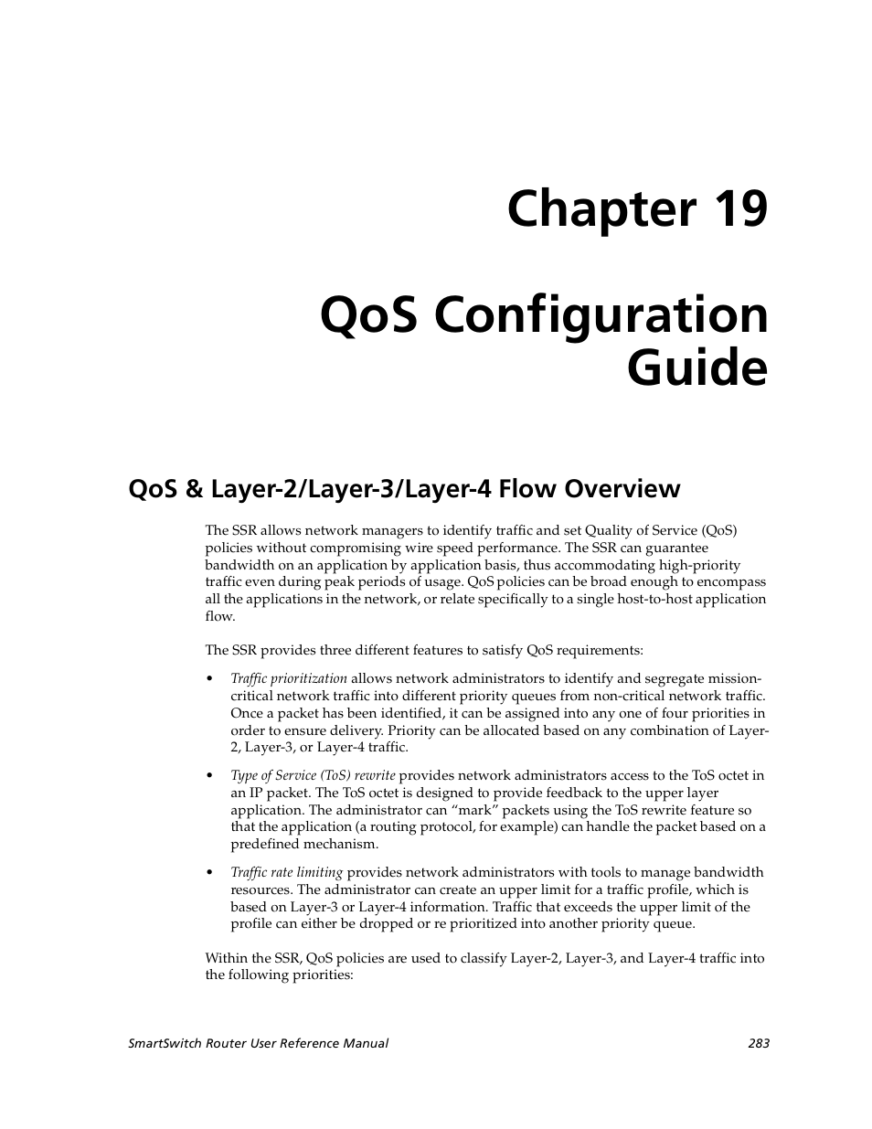 Qos configuration guide, Qos & layer-2/layer-3/layer-4 flow overview, Chapter 19: qos configuration guide | Chapter 19, Chapter 19 qos configuration guide | Cabletron Systems SmartSwitch User Manual | Page 283 / 338