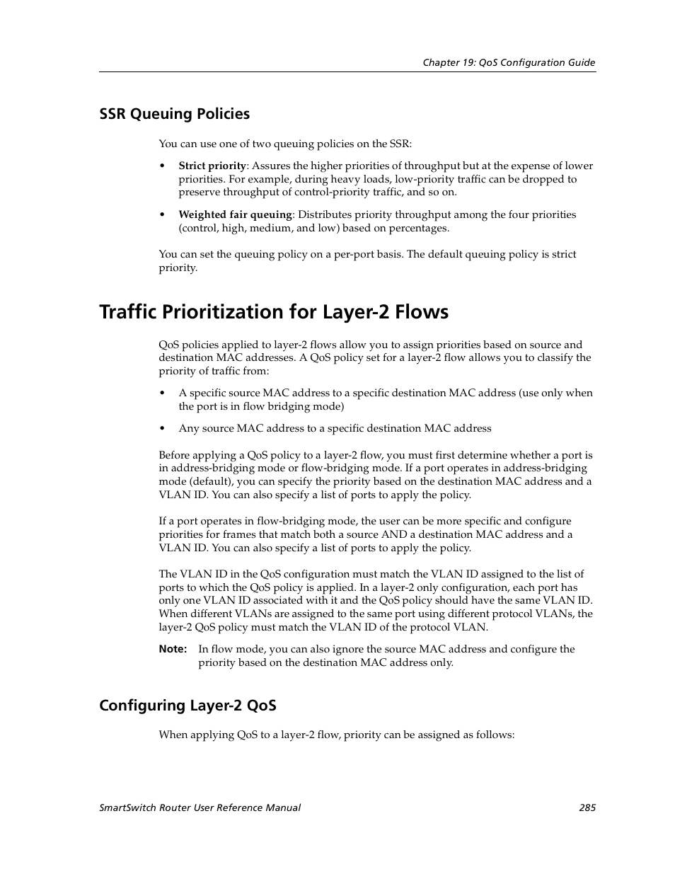 Ssr queuing policies, Traffic prioritization for layer-2 flows, Configuring layer-2 qos | Cabletron Systems SmartSwitch User Manual | Page 285 / 338