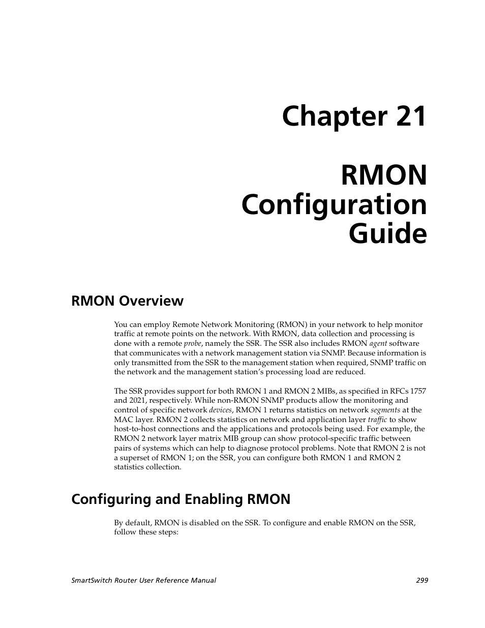 Rmon configuration guide, Rmon overview, Configuring and enabling rmon | Chapter 21: rmon configuration guide, Rmon overview configuring and enabling rmon, Chapter 21, Rmon configuration, Chapter 21 rmon configuration guide | Cabletron Systems SmartSwitch User Manual | Page 299 / 338